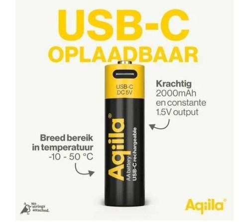 Aqiila AA batterij Oplaadbaar USB-C 2000 mAh Li-Ion 1,5V 4x
