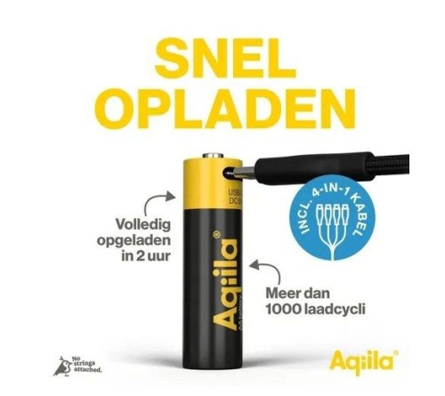 Aqiila AA batterij Oplaadbaar USB-C 2000 mAh Li-Ion 1,5V 4x