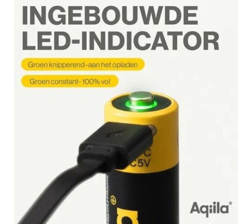 Aqiila AA batterij Oplaadbaar USB-C 2000 mAh Li-Ion 1,5V 4x