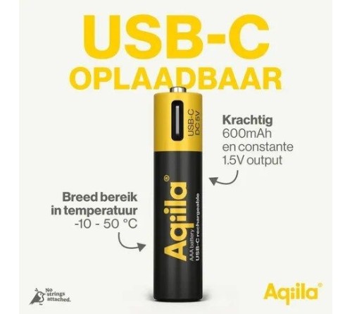 Aqiila AAA batterij Oplaadbaar USB-C 600 mAh Li-Ion 1,5V 4x