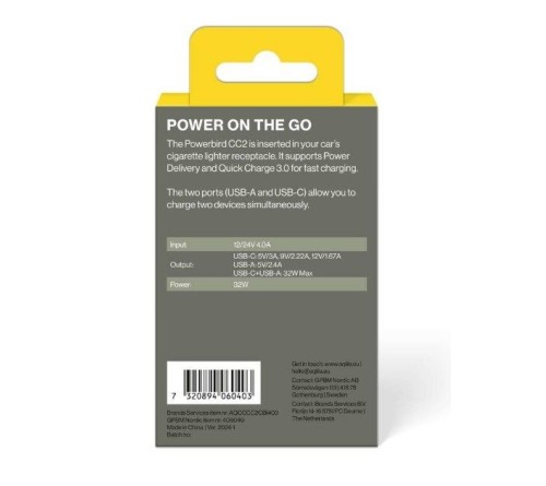 Aqiila Chargebird CC2 Autolader 32W 1x USB-C 1x USB-A