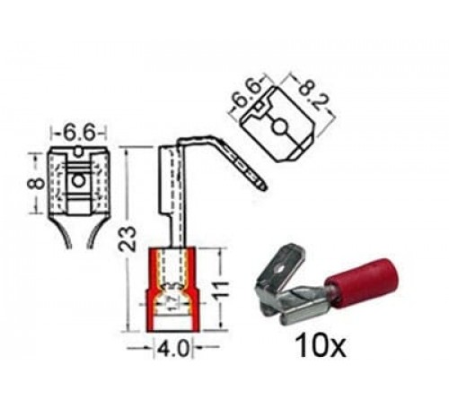Kabelschoen schuif mann./ vrouw. 6 3-6 3 mm rood 10 stuks