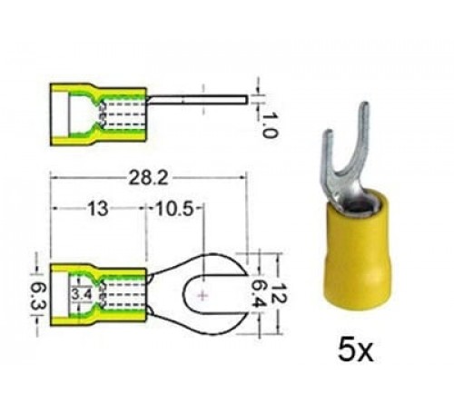 Kabelschoen vork  6 mm geel 5 stuks