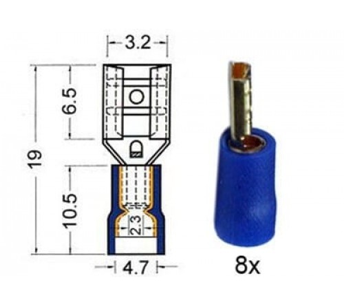Kabelschoen schuif vrouw  verguld  2 8 mm blauw  8 stuks.