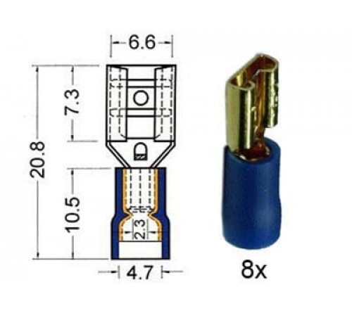 Kabelschoen vrouwelijk  verguld  6 3 mm blauw  8 stuks.