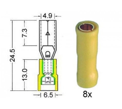 Kabelschoen rond  vrouwelijk  verguld  5 0 mm geel  8x