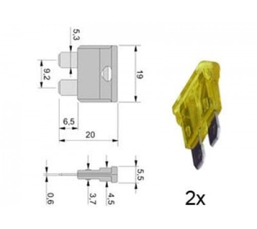steekzekering 20A geel 2 stuks verpakt in blister