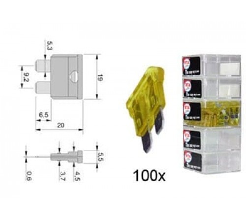 steekzekering 20A geel 100 stuks in een doosje