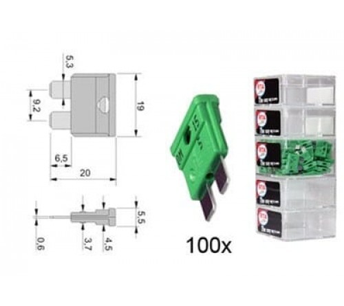 steekzekering 30A groen 100 stuks in een doosje