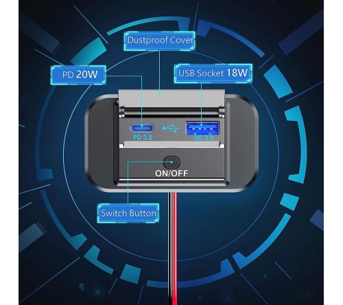 Lader 12/24V plat opbouw 1x usbA 1x usbC on/off (QC PD)