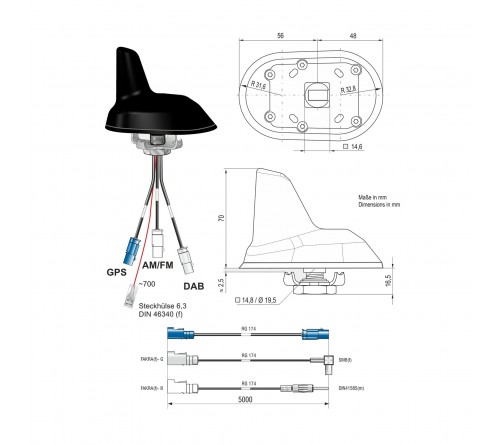 Combi antenne AM/FM / DAB / GPS Shark Fakra M/DIN M/SMB F 5m