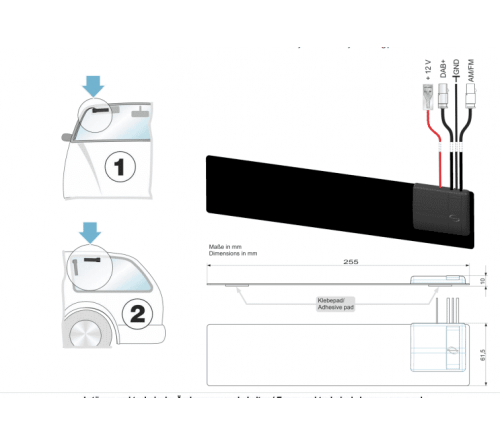 Combi antenne AM/FM  DAB+ raam plak 2x Fakra M 30cm