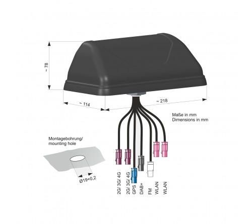 Combi antenne FM / DAB / GSM / UMTS / WLAN / WIFI 6xFakra M