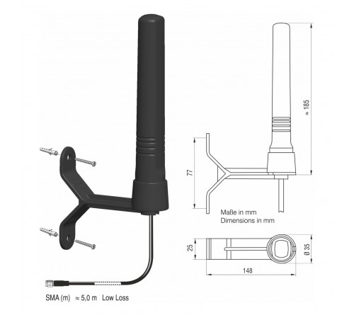 Antenne vast LTE  GSM  ISM  UMTS  WLAN SMA M Low Loss 5m