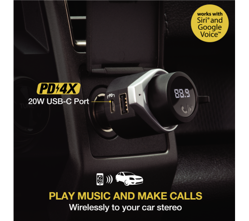 Wireless Carkit FM transmitter 18W PD 1x usbA 1xusbC 1xjack