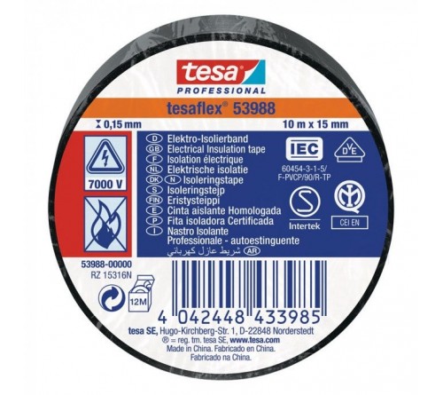 Tesa 53988 Isolatie tape 15mmx10m - zwart 10 rollen