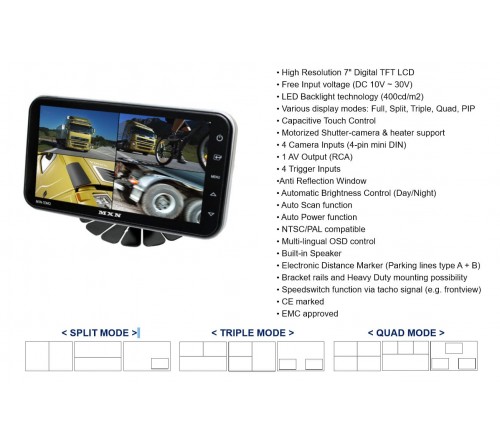 MXN 7inch digital TFT monitor capacitive button 4 CAM input