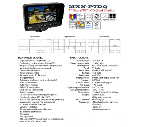 MXN 7inch digital TFT monitor 4 CAM input / auto heating