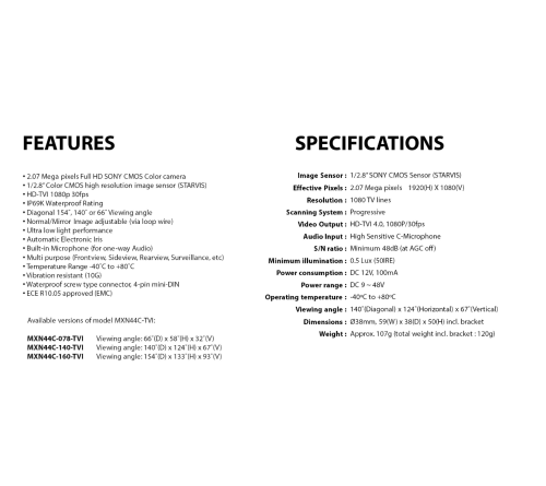 MXN44C-078-TVI IP69K 1080p 66° mirror/non mirror