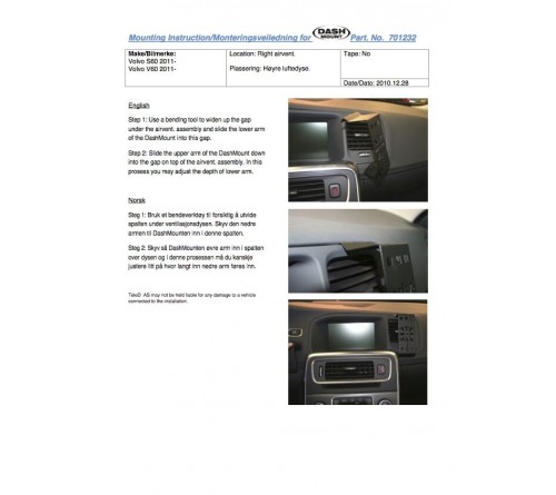 Dash Mount Volvo V60 2011-