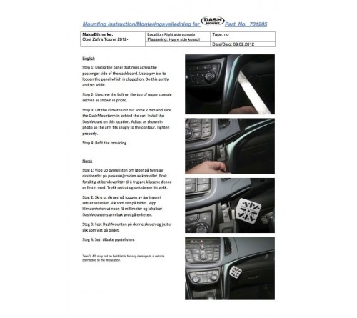 Dash Mount Opel Zafira Tourer 2012-