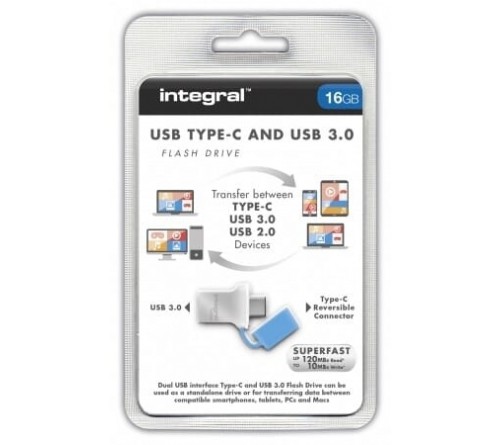 Integral Fusion usbC and usbA 3.0 Flash Drive 16GB