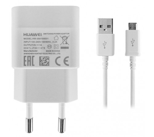 Lader 230V Huawei HW-050100E01 1A usbA + micro-usb 1m wit